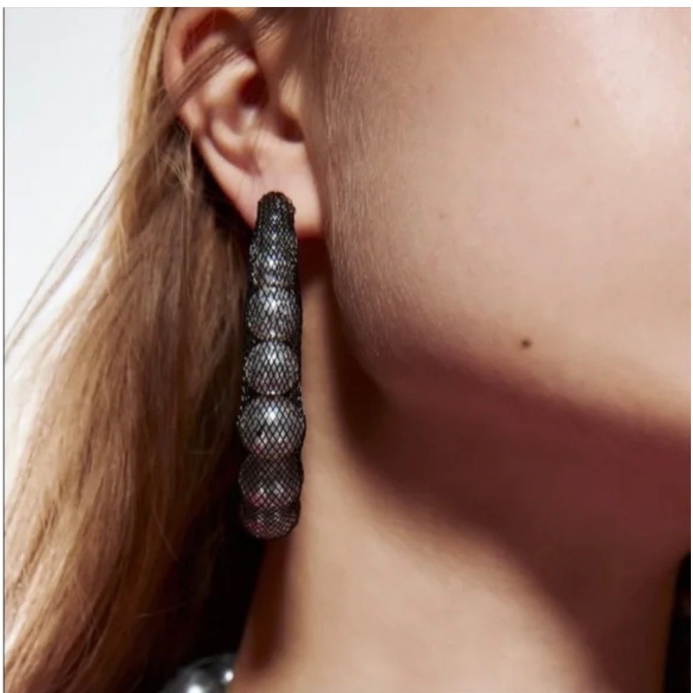 Zara Mesh Covered Faux Pearl Hoop Earrings Black White Statement Large Post Back